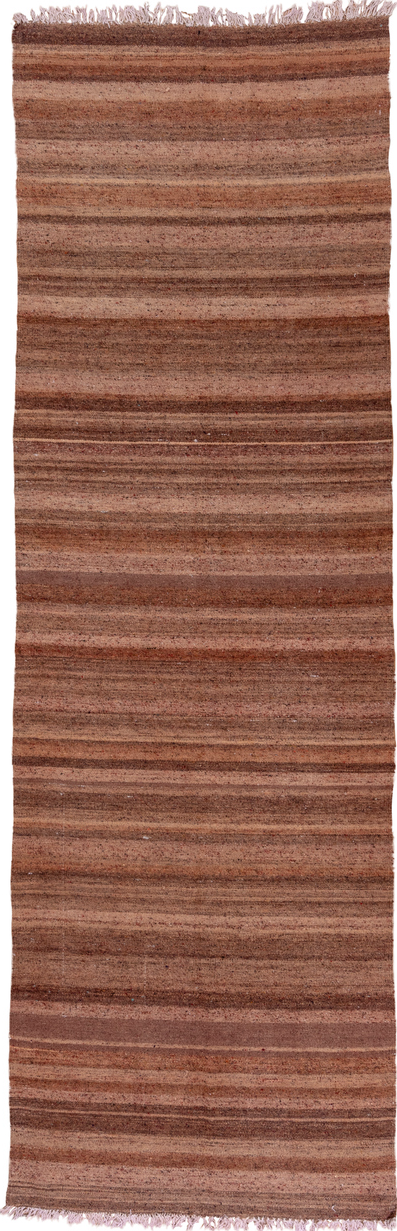 4' x 13' one-of-a-kind handmade vintage Kilim runner rug. Color palette: brown, gray, light gray, off-white, pink, red