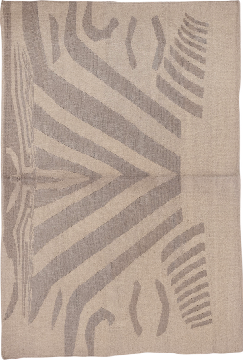 4' x 5' one-of-a-kind handmade vintage Kilim small size rug. Color palette: gainsboro, gray, light gray, off-white, pink