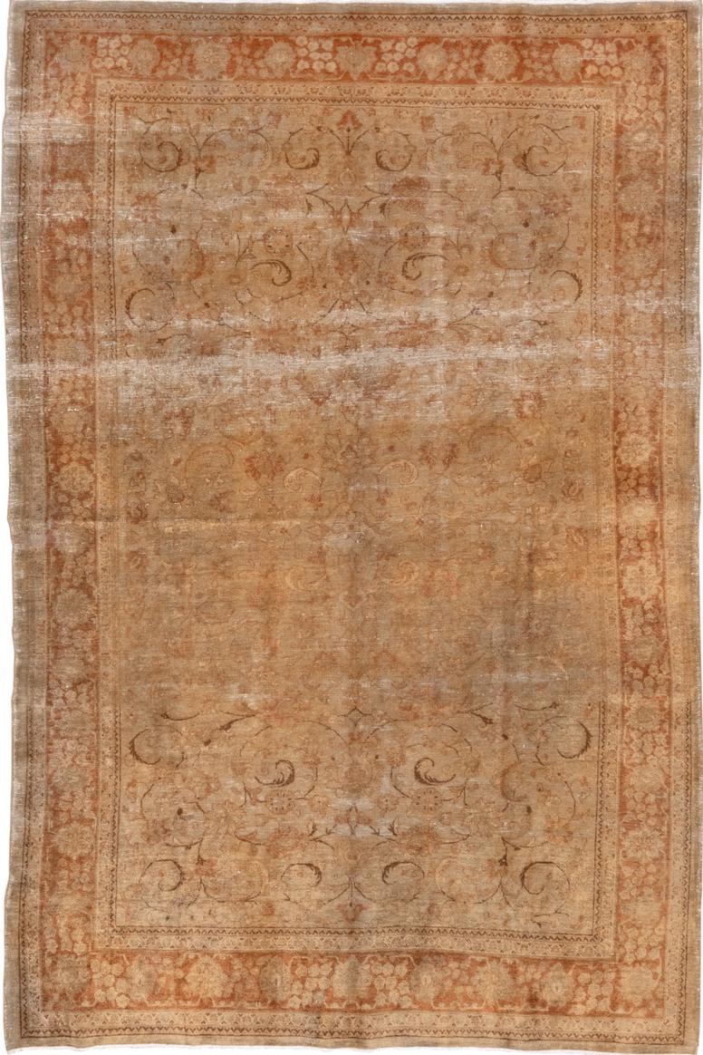 6' x 9' one-of-a-kind handmade vintage Sivas medium size rug. Color palette: brown, off-white, orange, light gray, pink