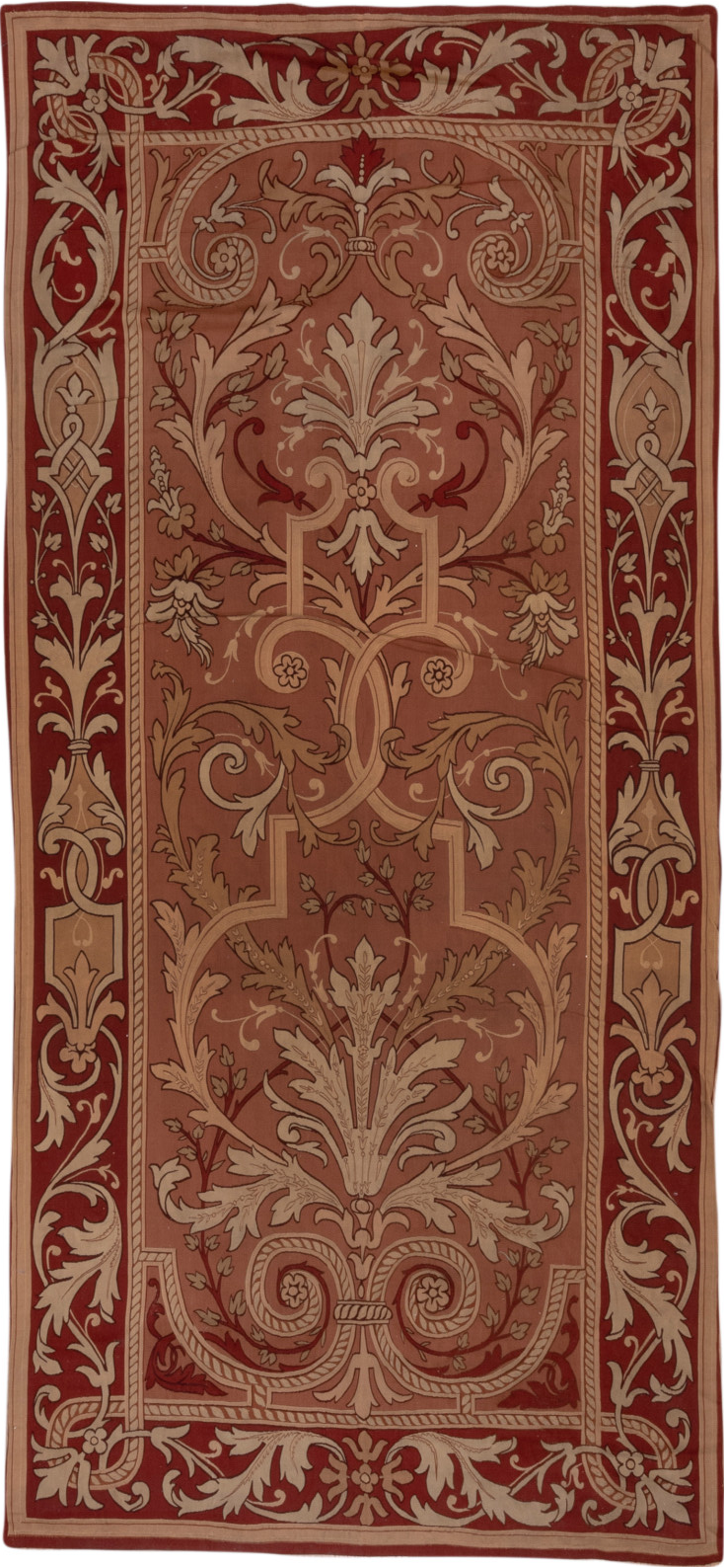 5' x 10' one-of-a-kind handmade vintage Aubusson runner rug. Color palette: brown, gray, pink, red