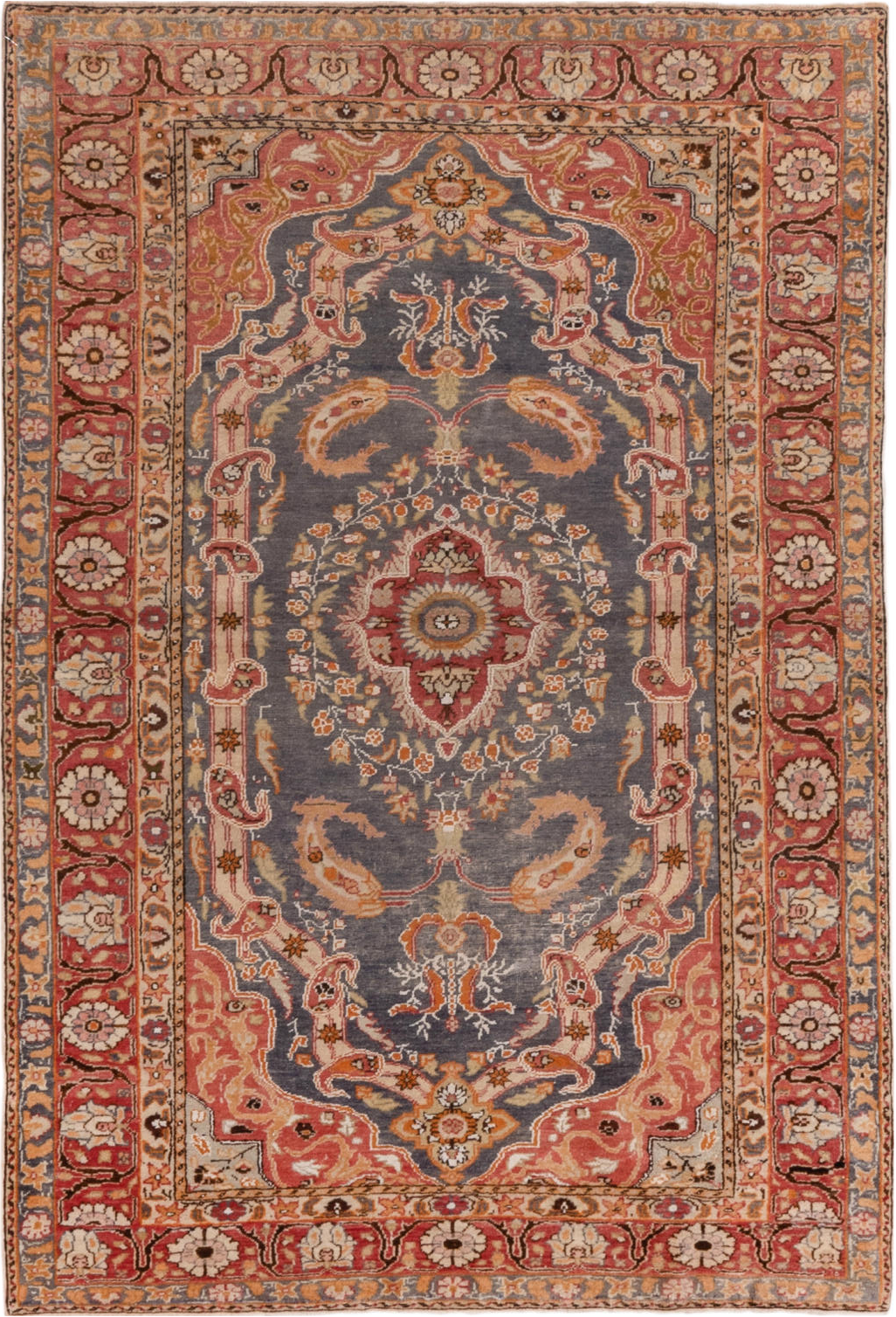 4' x 6' one-of-a-kind handmade vintage Kaisary small size rug. Color palette: brown, gray, light gray, off-white, pink, red