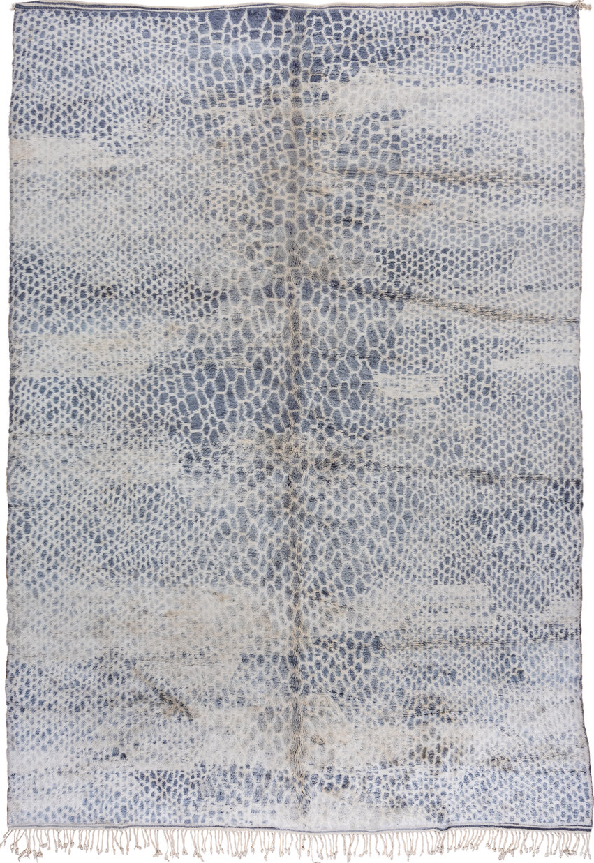 10' x 15' one-of-a-kind handmade vintage Moroccan rug. Color palette: gray, blue, off-white, light gray, black, light blue