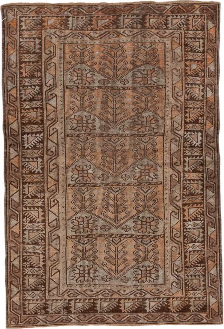 3' x 4' one-of-a-kind handmade vintage Oushak small size rug. Color palette: brown, gray, light gray, off-white, pink