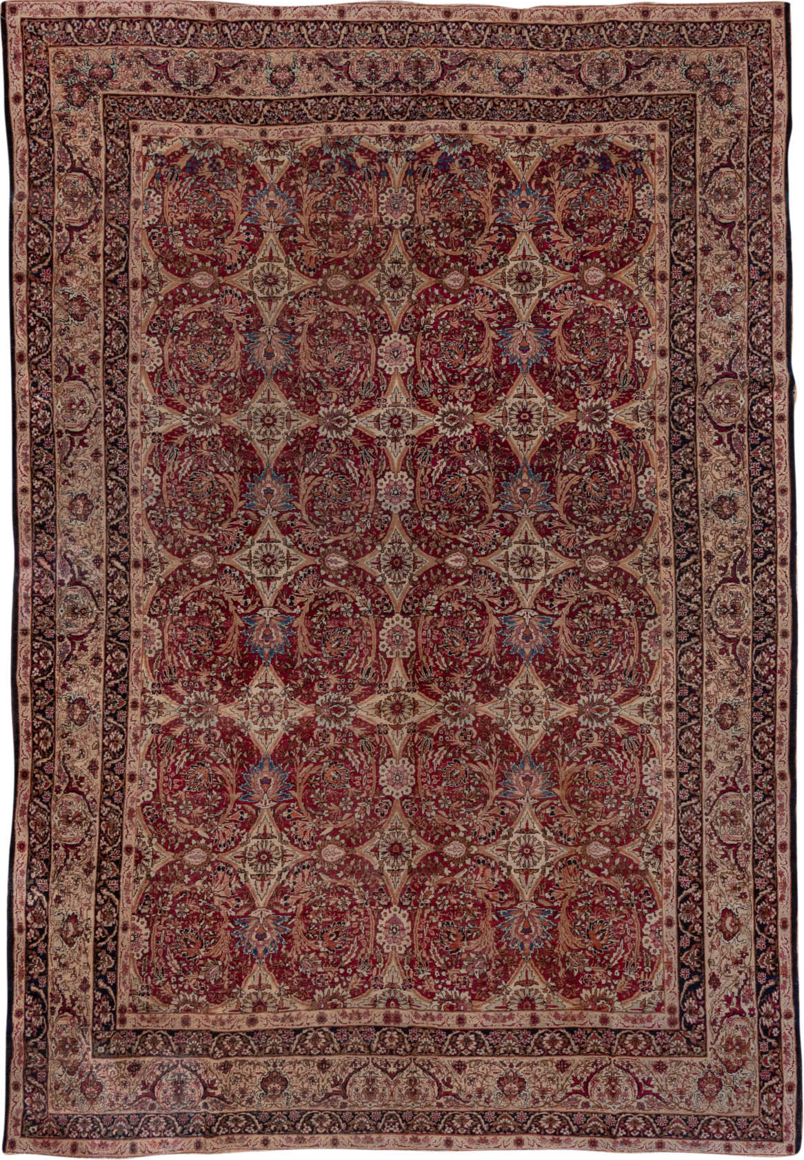 8' x 12' one-of-a-kind handmade vintage Lavar large size rug. Color palette: black, blue, brown, gray, pink, red