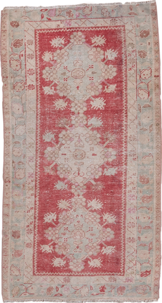 2' x 5' one-of-a-kind handmade vintage Oushak small size rug. Color palette: pink, gray, light gray, off-white, red, brown