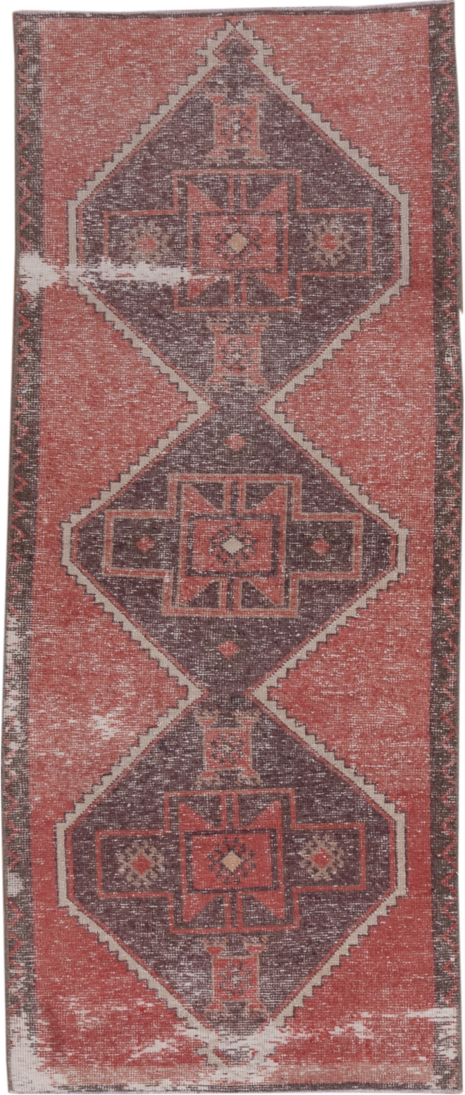 2' x 6' one-of-a-kind handmade vintage Oushak runner rug. Color palette: brown, gray, light gray, pink, red, wine