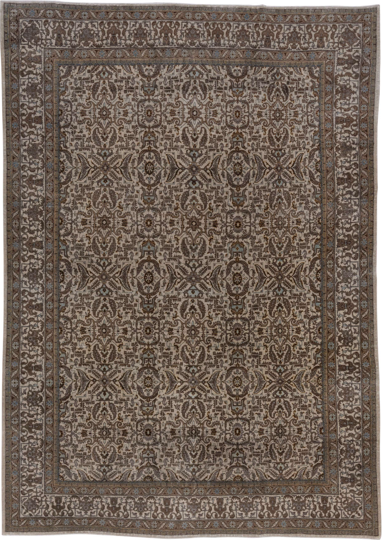 7' x 11' one-of-a-kind handmade vintage Tabriz large size rug. Color palette: brown, gray, pink