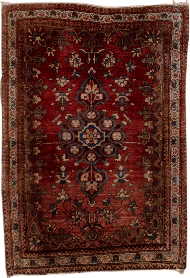 1' x 2' one-of-a-kind handmade vintage Sarouk small size rug. Color palette: black, brown, gray, pink