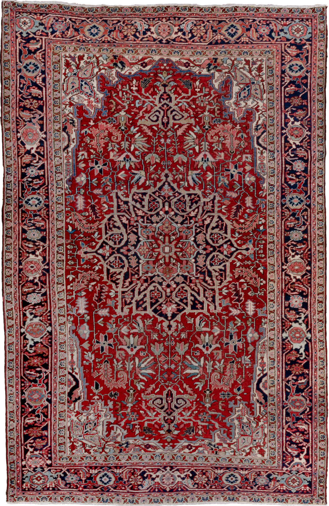 7' x 10' one-of-a-kind handmade vintage Heriz large size rug. Color palette: blue, brown, dim gray, gray, light gray