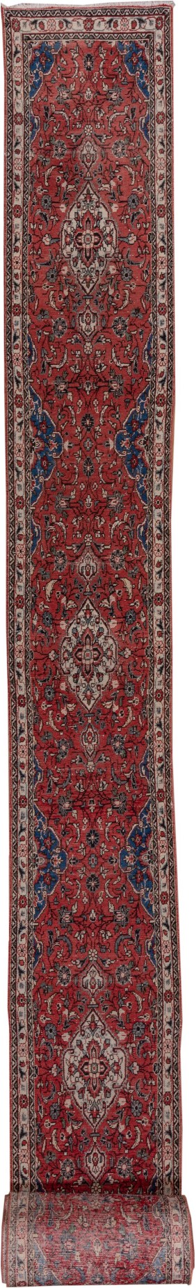 2' x 40' one-of-a-kind handmade vintage Dargazin runner rug. Color palette: brown, gray, off-white, pink, red, snow, white