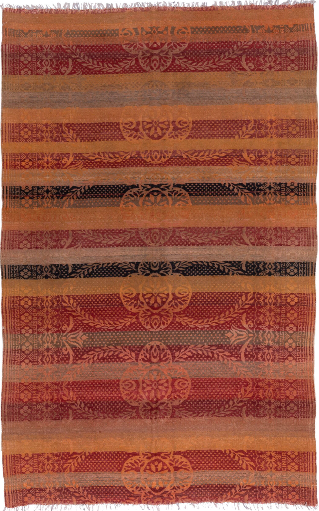 5' x 8' one-of-a-kind handmade vintage Kilim medium size rug. Color palette: brown, gray, light gray, pink, red, redwood