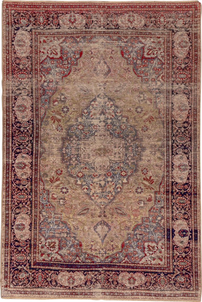 4' x 7' one-of-a-kind handmade vintage Kaisary rug. Color palette: brown, red, pink, gray, redwood