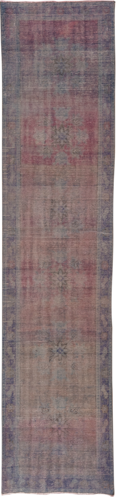2' x 11' one-of-a-kind handmade vintage Overdyed runner rug. Color palette: brown, gray, off-white, pink, snow, white