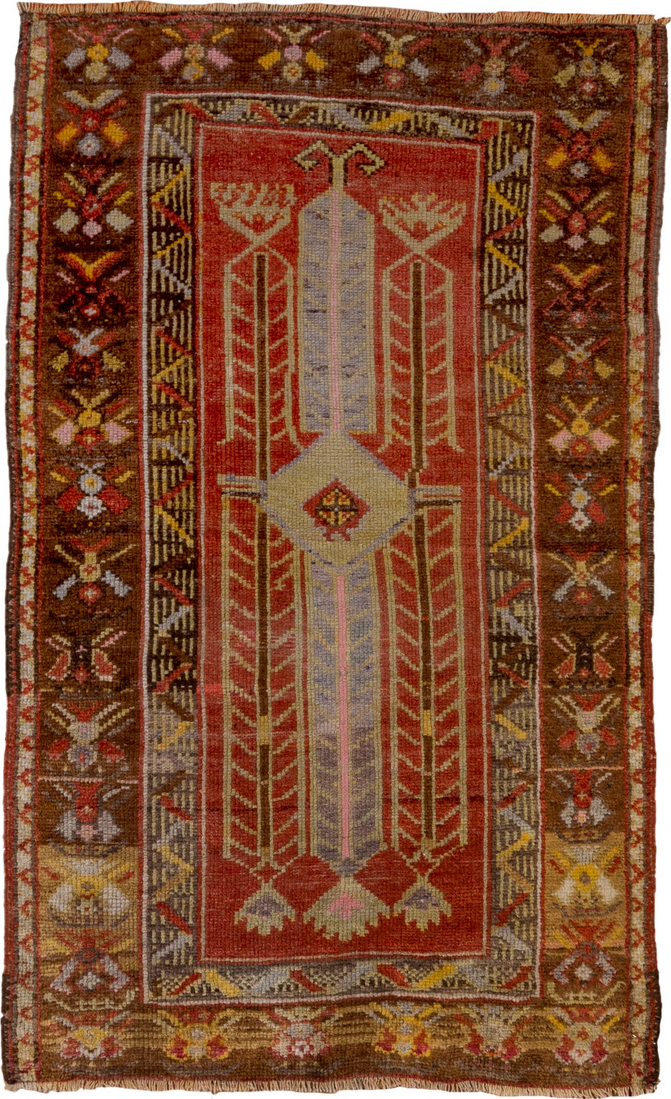 2' x 4' one-of-a-kind handmade vintage Oushak small size rug. Color palette: brown, gray, pink, red, yellow, off-white