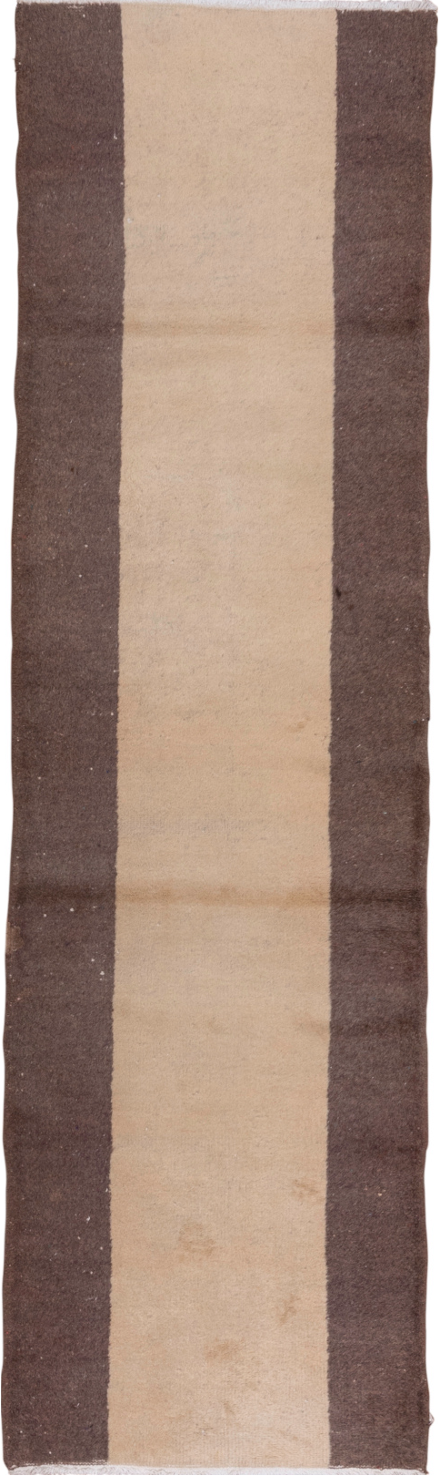 2' x 9' one-of-a-kind handmade vintage Oushak runner rug. Color palette: brown, gray, off-white, pink, snow, white