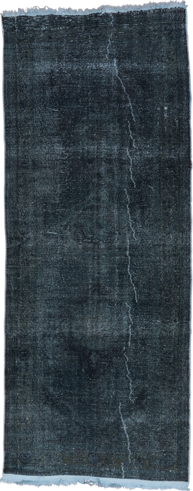 4' x 11' one-of-a-kind handmade vintage Overdyed runner rug. Color palette: black, blue, charcoal, gray, light blue