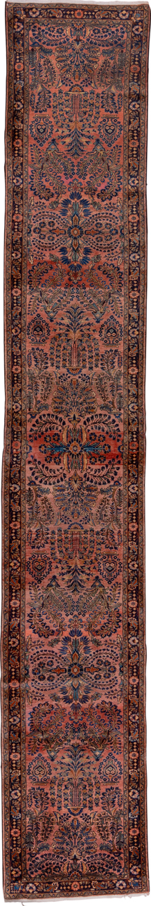 2' x 16' one-of-a-kind handmade vintage Lilian runner rug. Color palette: brown, pink, gray, red, off-white, redwood, white