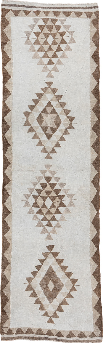 3' x 10' one-of-a-kind handmade vintage Kilim runner rug. Color palette: pink, gray, off-white, light gray, brown, gainsboro