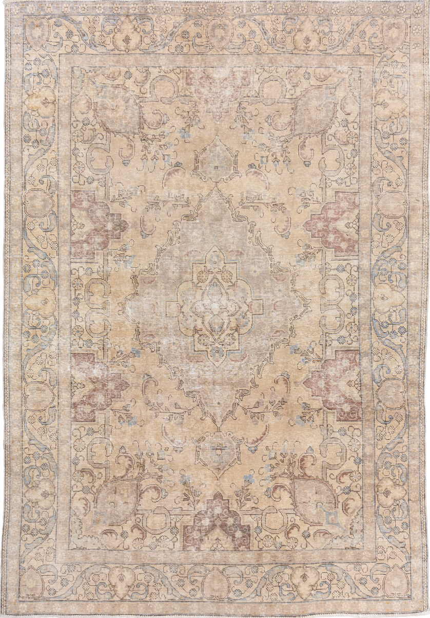 8' x 11' one-of-a-kind handmade vintage Tabriz large size rug. Color palette: gray, off-white, brown, pink, light gray