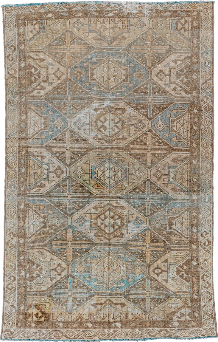 3' x 6' one-of-a-kind handmade vintage Baktiary small size rug. Color palette: light gray, gray, off-white, brown, gainsboro