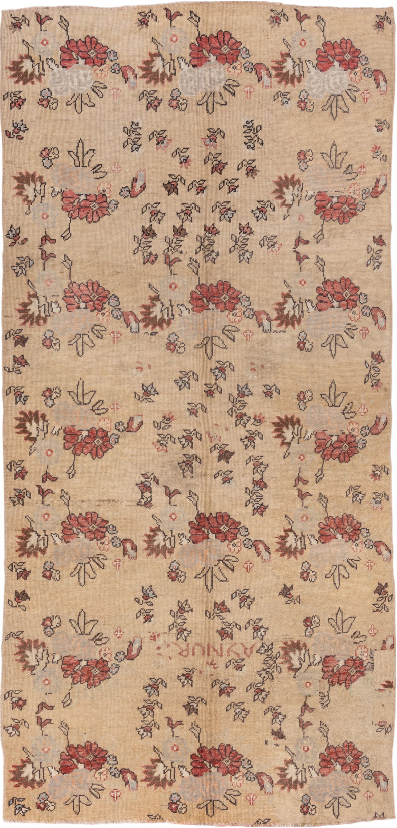 5' x 11' one-of-a-kind handmade vintage Konya runner rug. Color palette: brown, gray, off-white, orange, pink, red, tan
