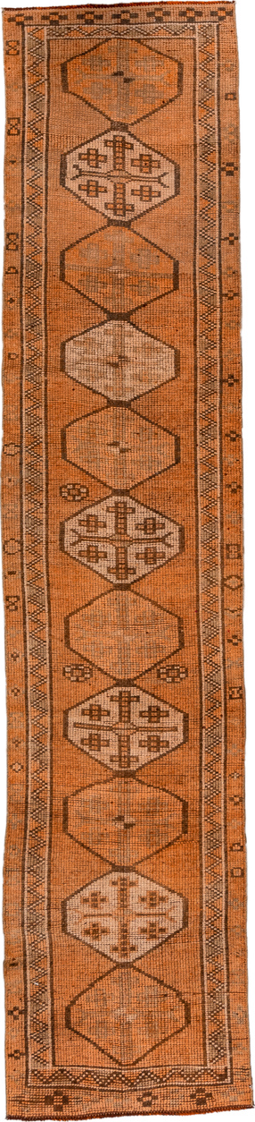 2' x 12' one-of-a-kind handmade vintage Oushak runner rug. Color palette: brown, pink, orange, off-white, white, snow