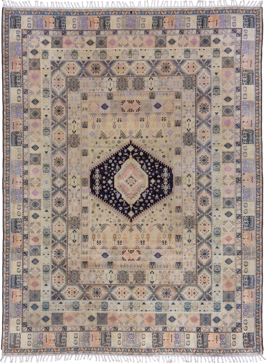 9' x 13' one-of-a-kind handmade vintage Moroccan large size rug. Color palette: gray, blue, brown, light gray, pink