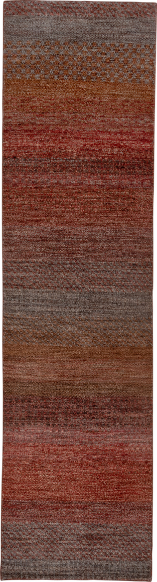 2' x 10' one-of-a-kind handmade vintage Gabbe runner rug. Color palette: brown, pink, gray, off-white, white, snow
