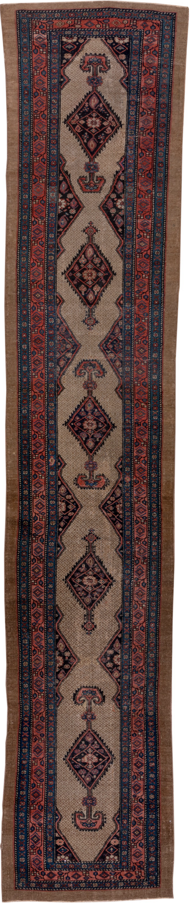 2' x 14' one-of-a-kind handmade vintage Cam Hamadan runner rug. Color palette: blue, brown, dim gray, gray, off-white, pink