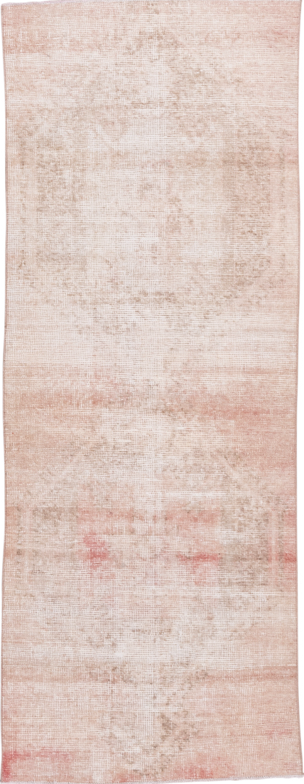 3' x 7' one-of-a-kind handmade vintage Oushak runner rug. Color palette: gray, off-white, light gray, pink, brown, white