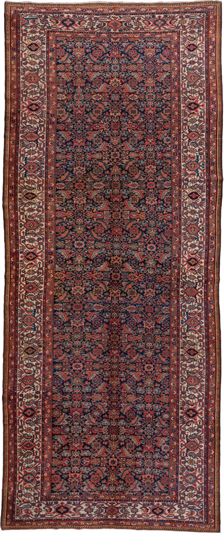 7' x 17' one-of-a-kind handmade vintage Mahal rug. Color palette: black, blue, brown, gray, light gray, pink, red
