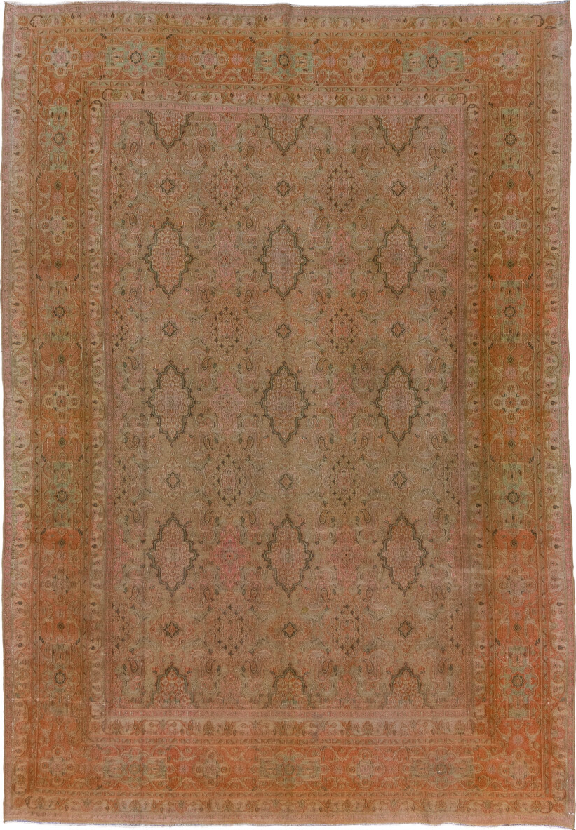 7' x 10' one-of-a-kind handmade vintage Khorassan large size rug. Color palette: brown, orange, gray, light gray, off-white