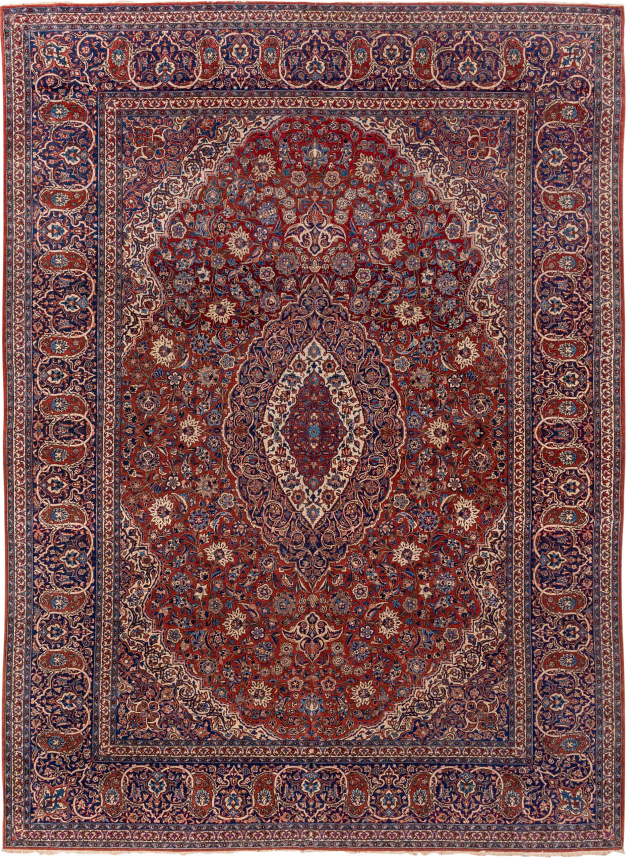 10' x 13' one-of-a-kind handmade vintage Isfahan large size rug. Color palette: blue, brown, gray, light gray