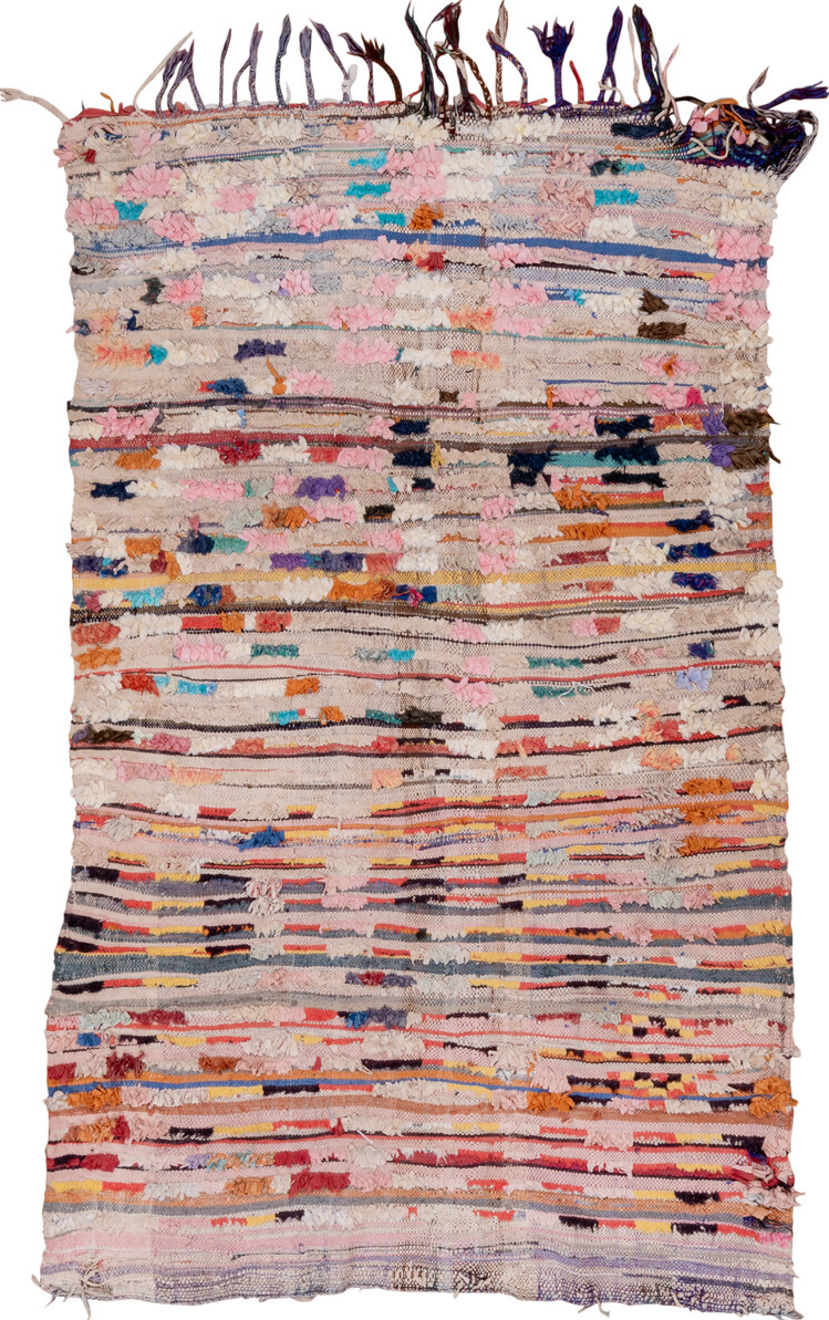 4' x 7' one-of-a-kind handmade vintage Rag Rug rug. Color palette: red, brown, gray, blue, pink, light gray, off-white