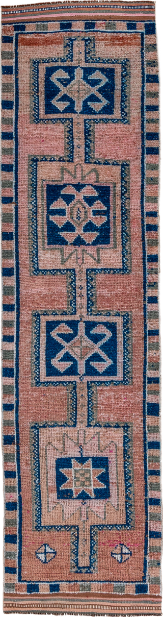 2' x 11' one-of-a-kind handmade vintage Kars runner rug. Color palette: brown, pink, gray, blue, black, light blue