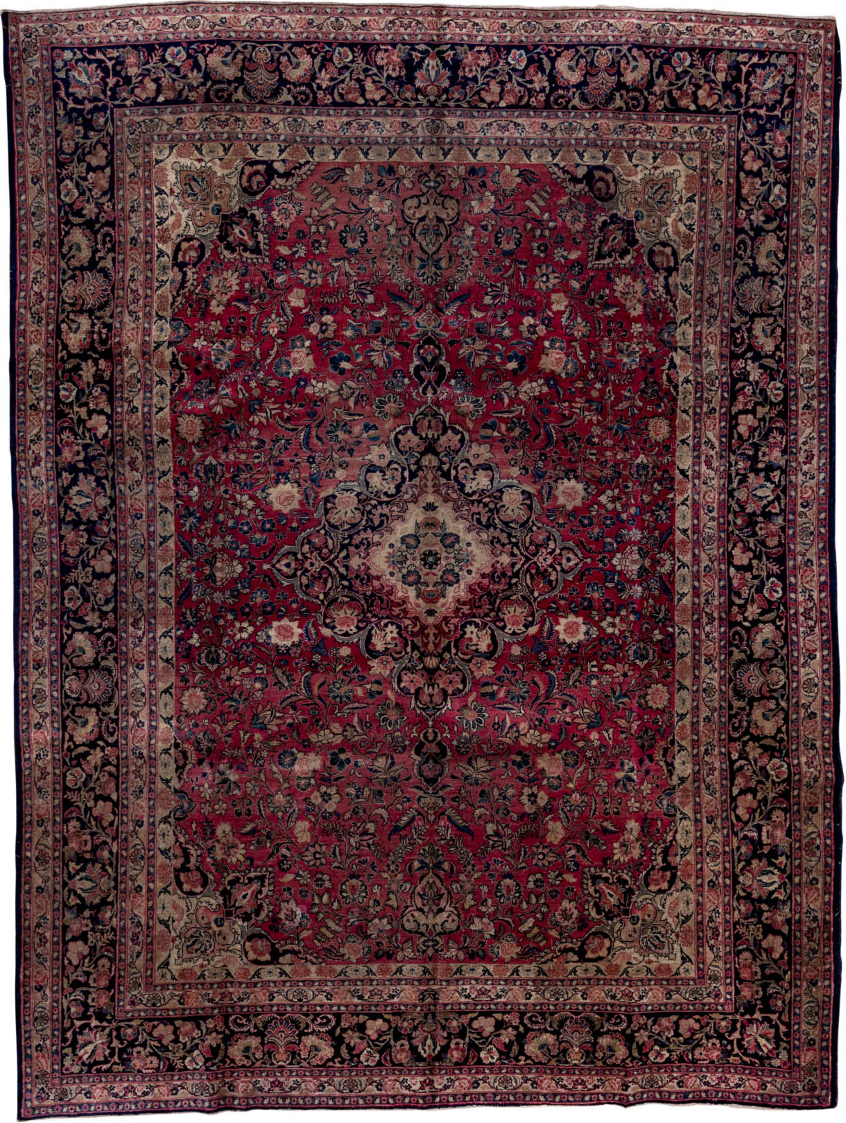 8' x 11' one-of-a-kind handmade vintage Kazvin large size rug. Color palette: blue, brown, gray, off-white, pink, red, snow