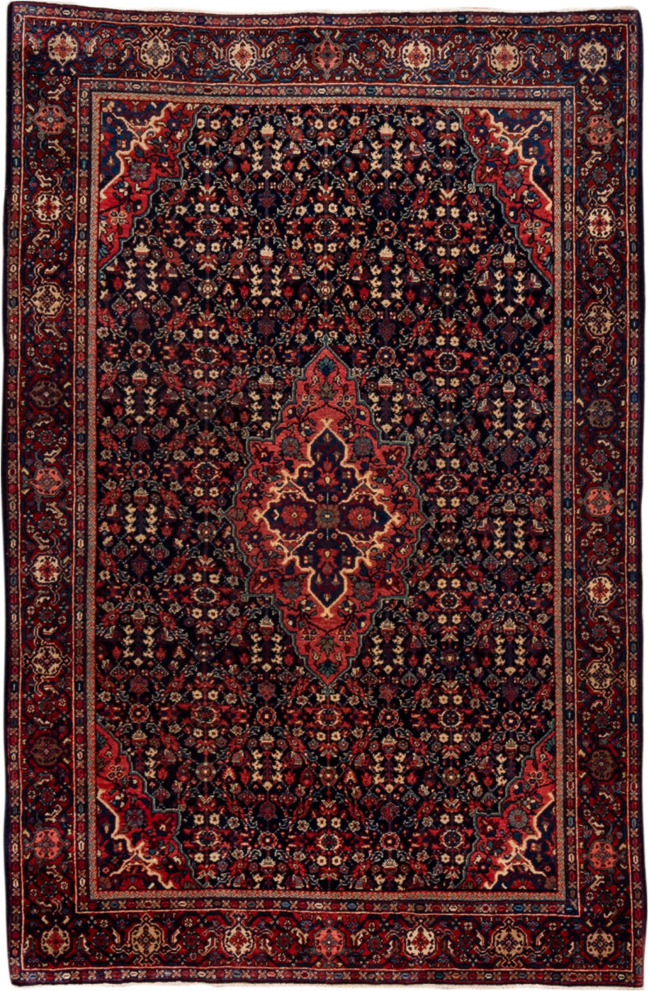 4' x 6' one-of-a-kind handmade vintage Meighan small size rug. Color palette: black, brown, gray, off-white, orange, pink