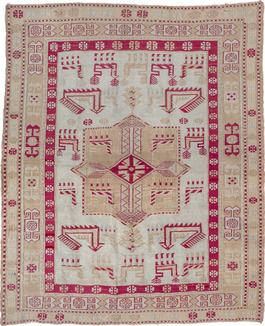 3' x 4' one-of-a-kind handmade vintage Sumak small size rug. Color palette: red, brown, gray, off-white, light gray, pink
