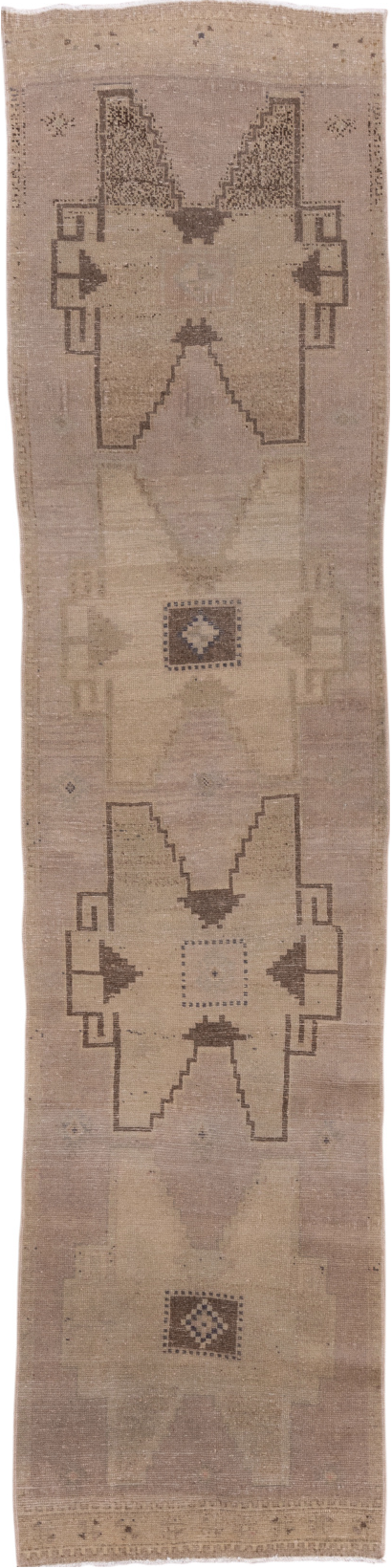 2' x 11' one-of-a-kind handmade vintage Oushak runner rug. Color palette: brown, gray, light gray, off-white, pink, snow