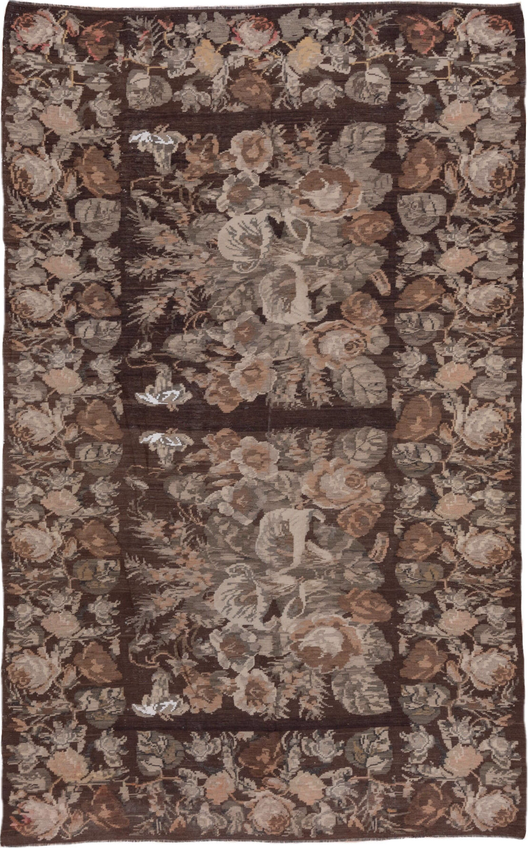 7' x 12' one-of-a-kind handmade vintage Kilim large size rug. Color palette: brown, gray, light gray, off-white, pink