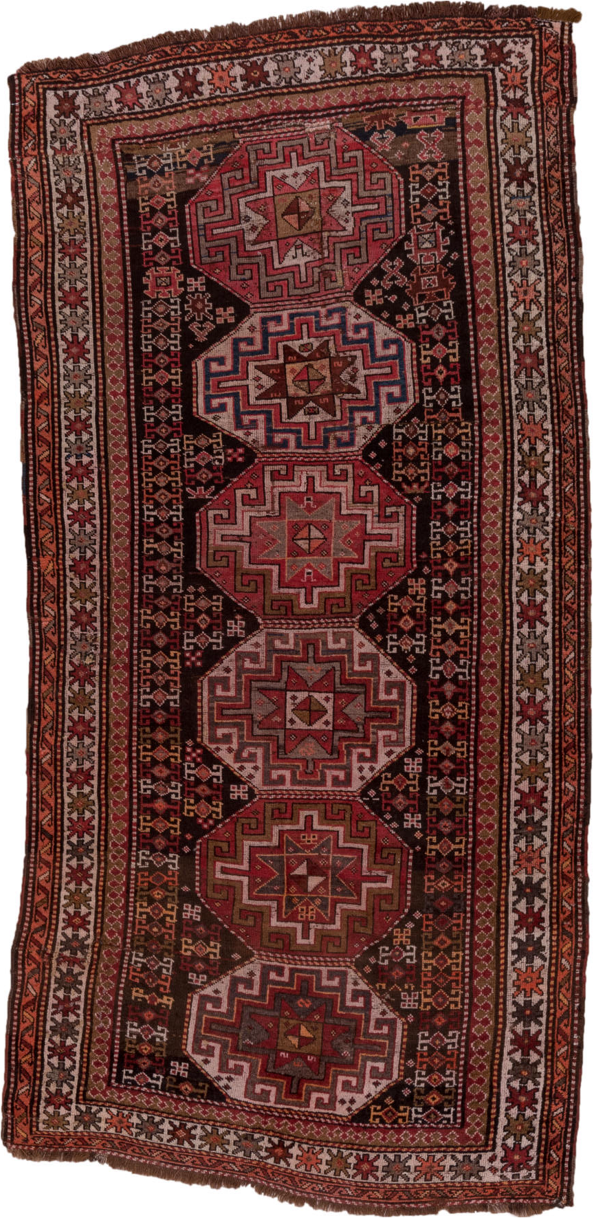 4' x 9' one-of-a-kind handmade vintage Kazak runner rug. Color palette: brown, gray, pink, red, rosy brown