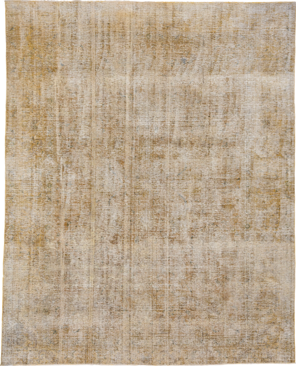 9' x 11' one-of-a-kind handmade vintage Overdyed large size rug. Color palette: brown, orange, off-white, gray, light gray