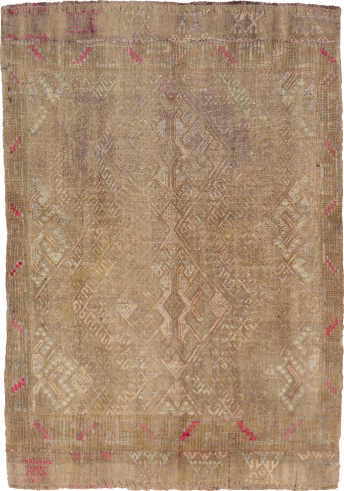 2' x 3' one-of-a-kind handmade vintage Jijim small size rug. Color palette: pink, brown, red