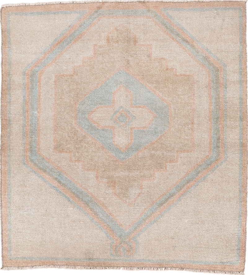 3' x 3' one-of-a-kind handmade vintage Oushak small size rug. Color palette: gray, off-white, pink, brown, orange