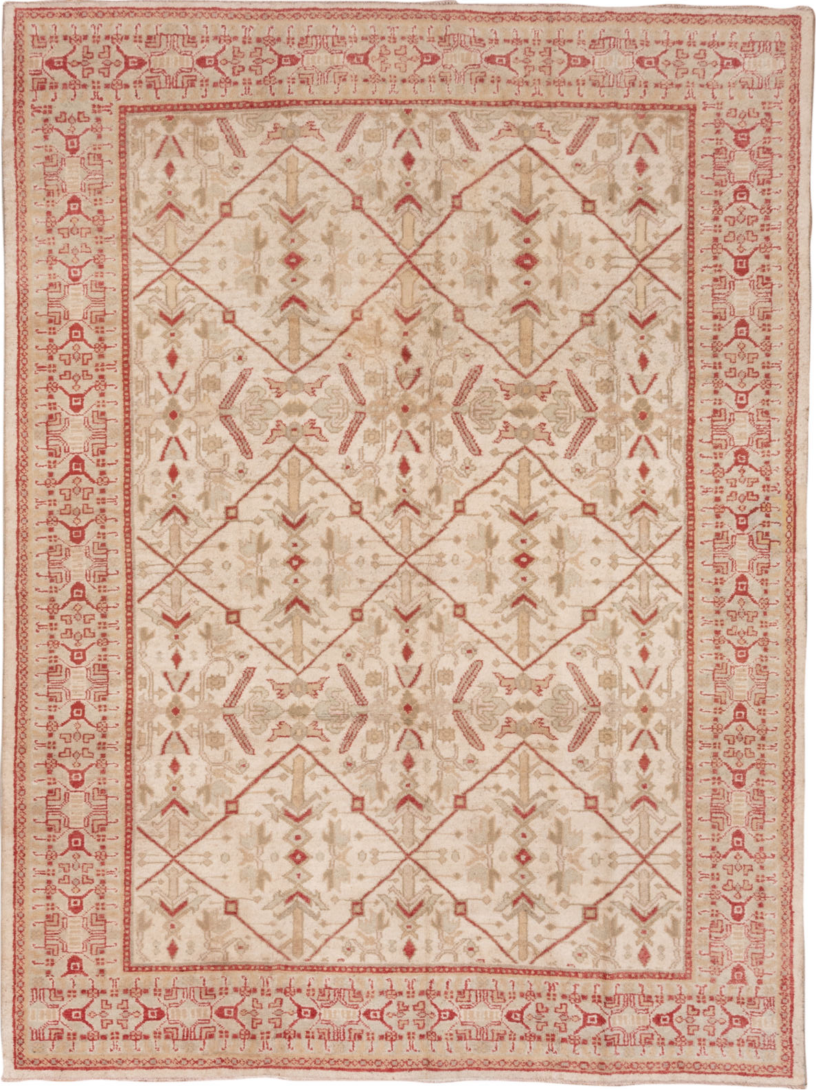8' x 11' one-of-a-kind handmade vintage Oushak large size rug. Color palette: brown, gray, off-white, orange, pink, red, tan