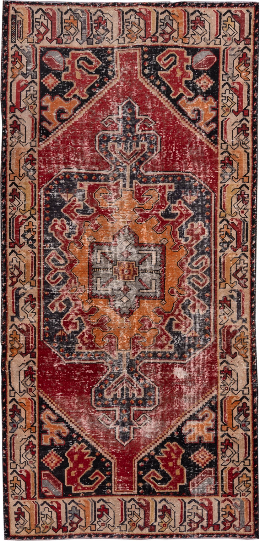 3' x 8' one-of-a-kind handmade vintage Oushak runner rug. Color palette: black, brown, charcoal, gray, pink, red, redwood