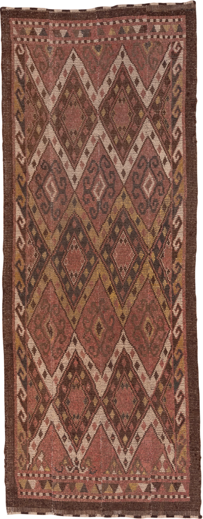 4' x 12' one-of-a-kind handmade vintage Ouzbek runner rug. Color palette: brown, pink, redwood
