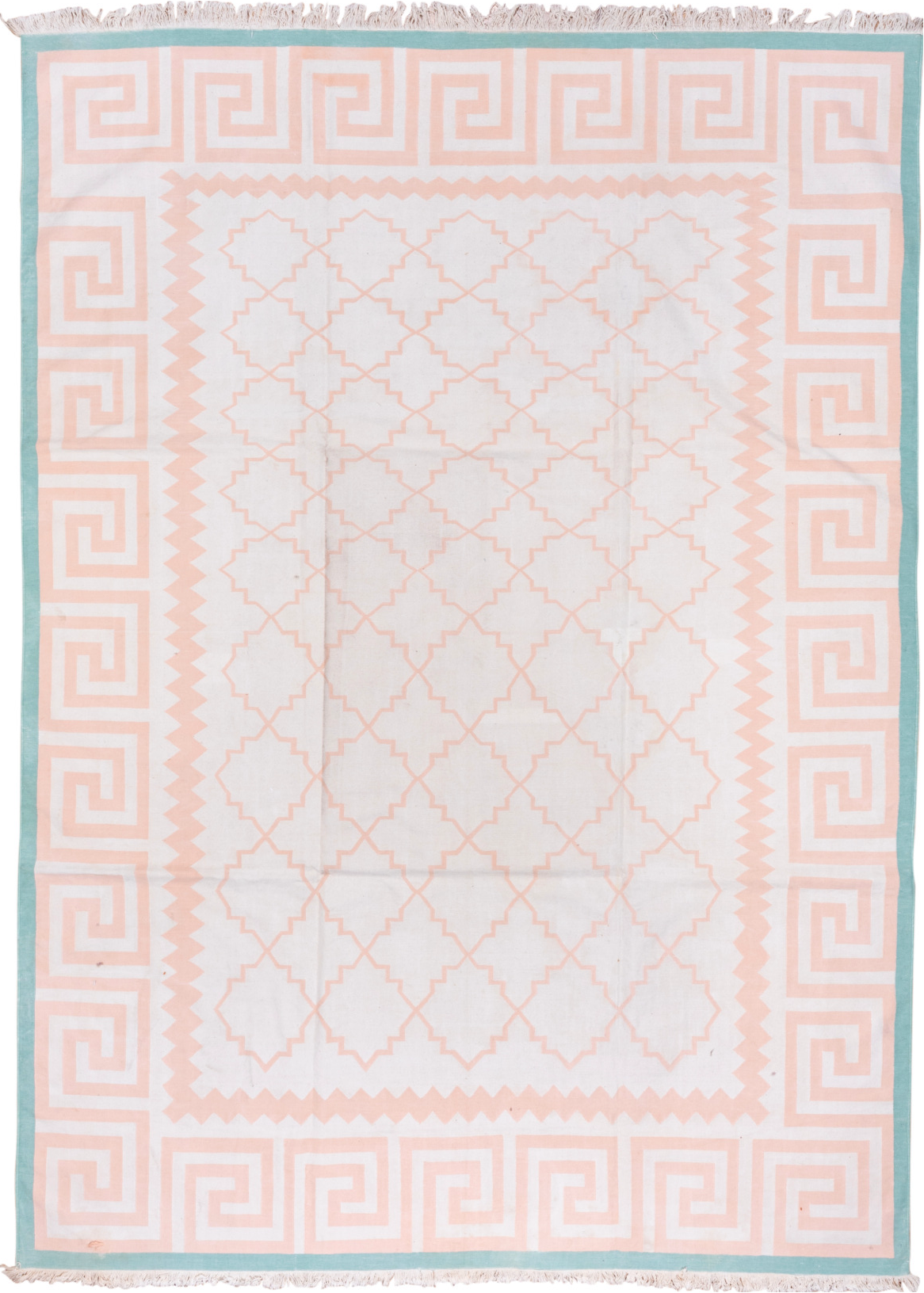 8' x 11' one-of-a-kind handmade vintage Dhurrie large size rug. Color palette: gainsboro, ghost white, gray, lavender blush