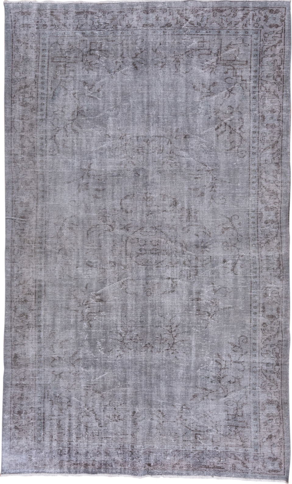 5' x 9' one-of-a-kind handmade vintage Overdyed medium size rug. Color palette: gray, light gray, off-white, light blue