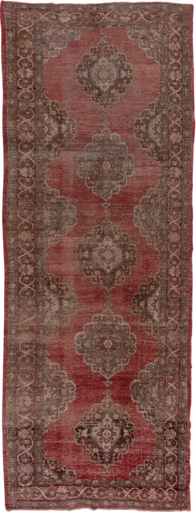 4' x 13' one-of-a-kind handmade vintage Oushak runner rug. Color palette: brown, gray, off-white, pink, red, snow, white